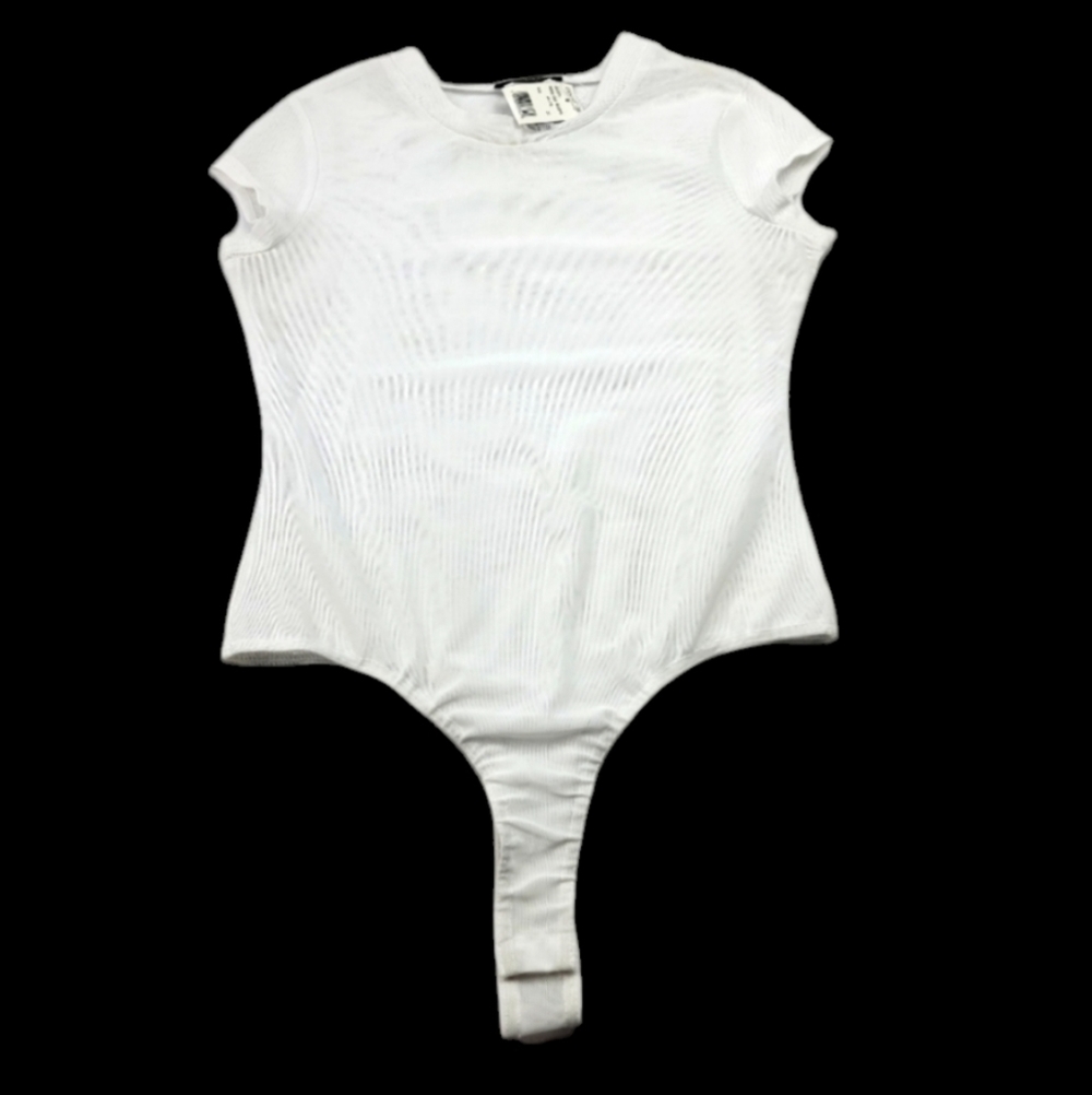 NWT‎ Discovery sheer mesh white cap sleeve crew neck bodysuit